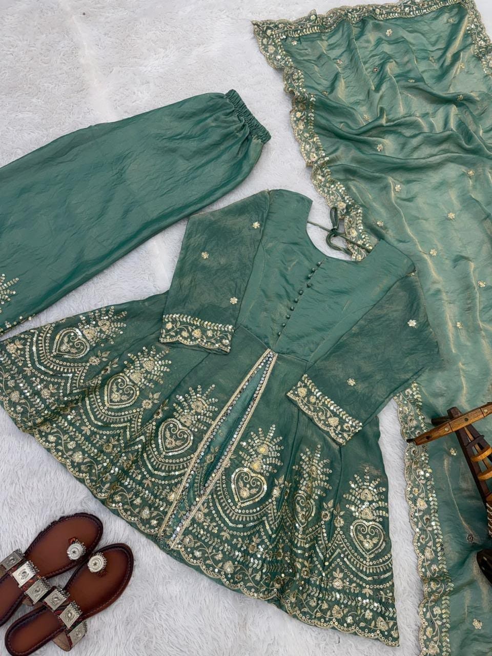 Green Fendy Silk Real Mirror Embroidery Sequence Work Salwar Set